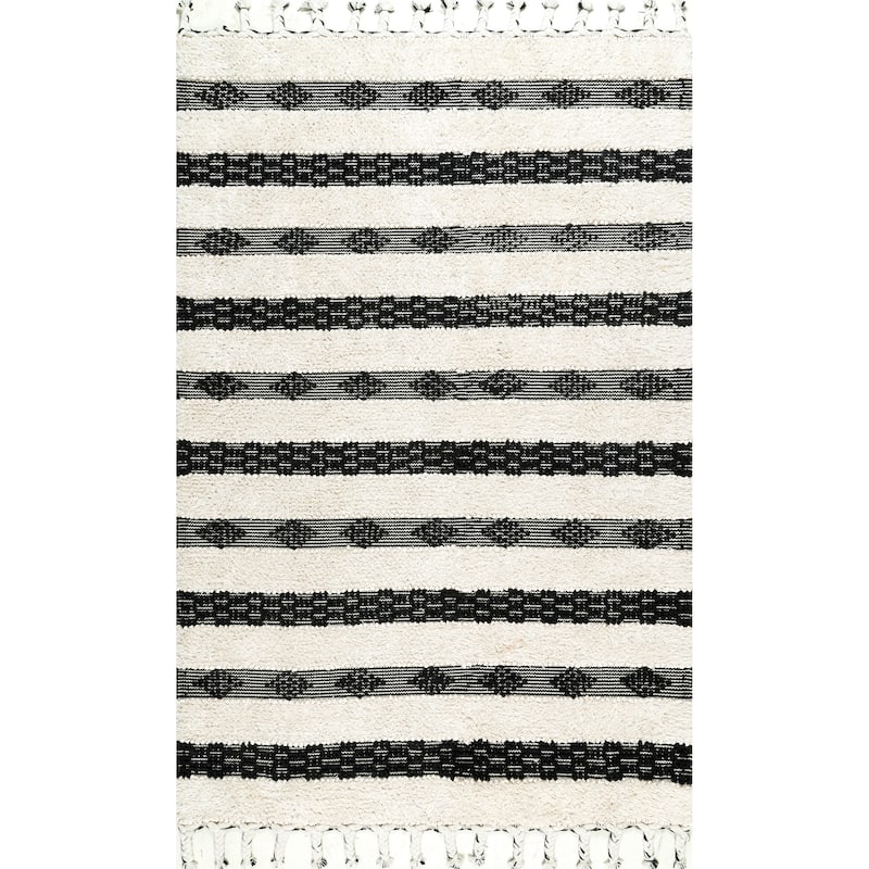 Nuloom Ivory Handmade Wool Cotton Geo Striped Shag Rug