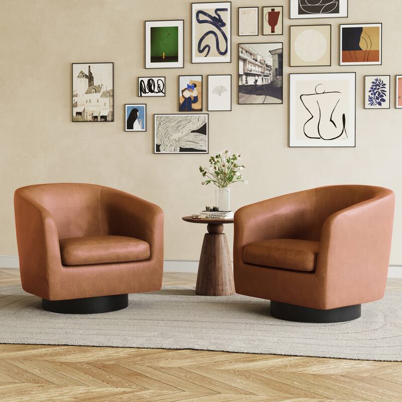 Faux Leather Accent Barrel Chair with Swivel Base - Set of 2 - Brown/Set