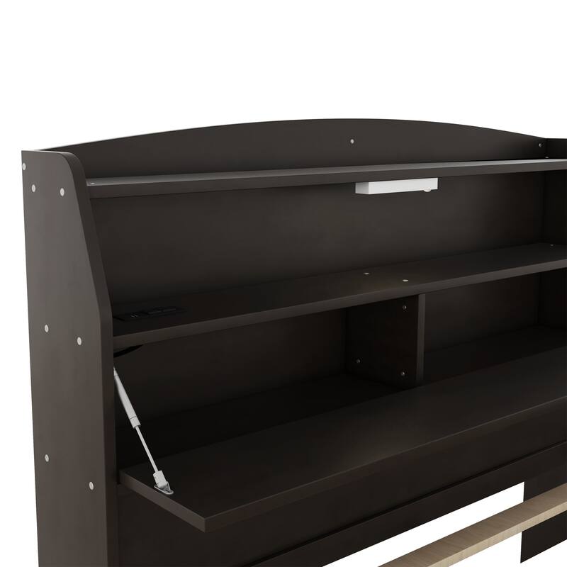 Wood Captain Bed Platform Bed with Trundle and 3 Drawers, Single Bed Frame with Storage Headboard and Integrated LED Light