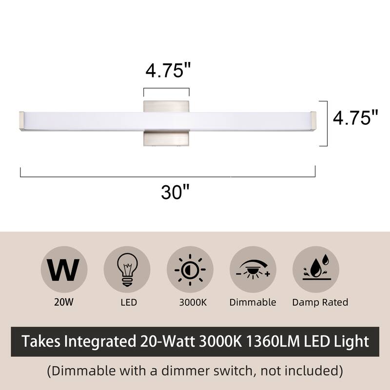 Modern Integrated LED Vanity Light Bar - 6 Variants (24in/30in, Matte Black/Brushed Nickel/Gold), 3000K, Damp Rated for Bathroom