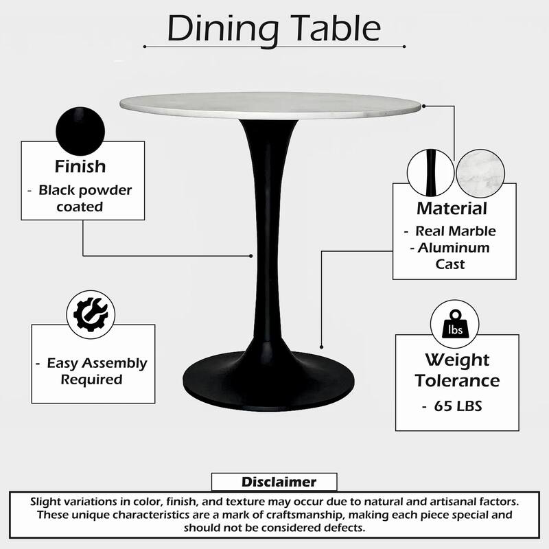 Mara Dining Table, 30 Inch Round White Genuine Marble Top, Black Metal Tulip Padestal Base - White, Black