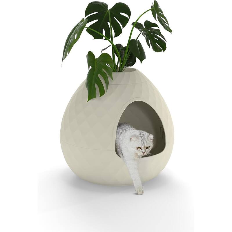 Egg-Shaped Cat Litter Box, UV-Protected PP Material Flowerpot-Style - Off White