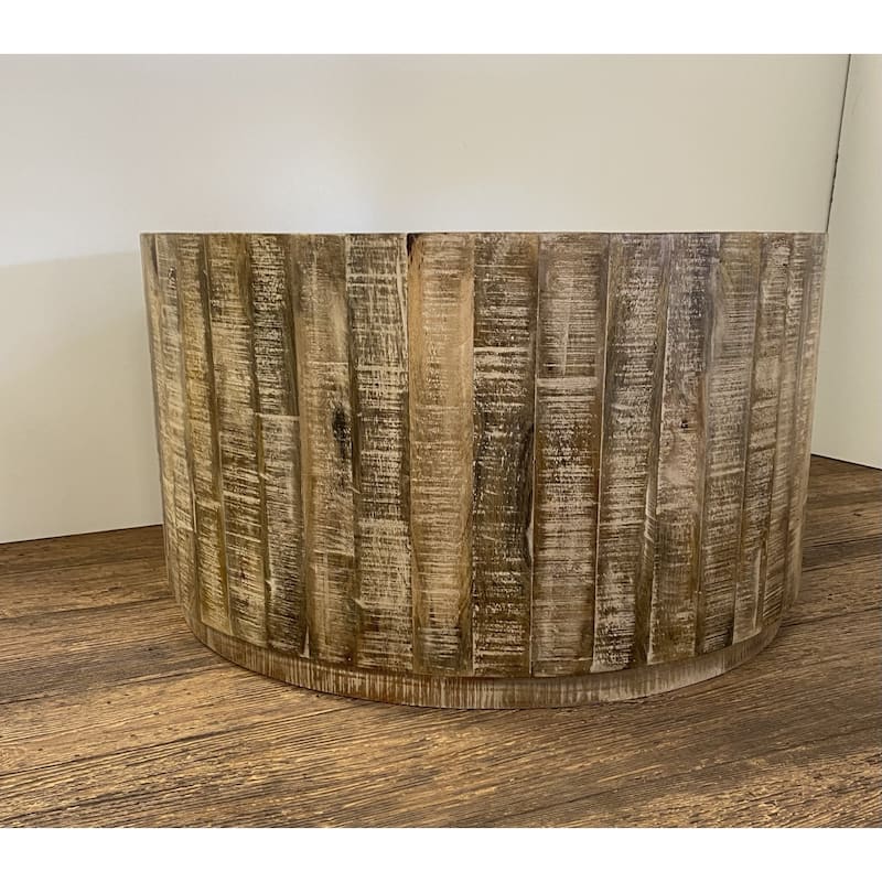 32" Solid Wood Round Distressed Drum Coffee Table for Living Room - 32” x 32” x 18”
