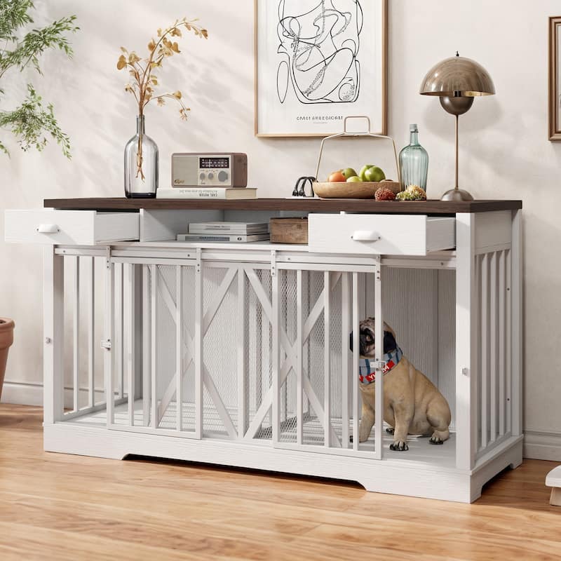 63 Inch Double Dog Crate TV Stand with Charging Station
