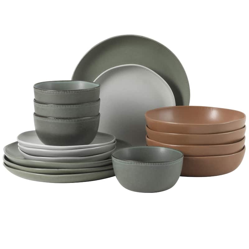Gibson Elite Menlo Park 16-Piece Pottery Clay Stoneware Dinnerware Set - Reactive Glaze, Embossed, Service for 4 - Multi-Color