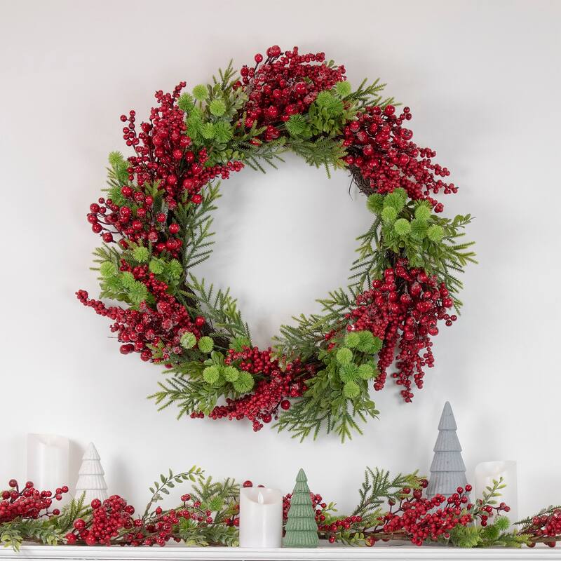 Red Berry and Frosted Pine Christmas Wreath, 28-Inch, Unlit