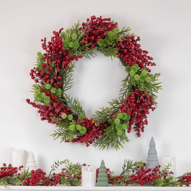Red Berry and Frosted Pine Christmas Wreath 28-Inch Unlit - 28"