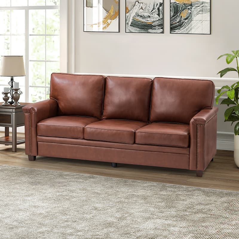 Rita Transitional Living Room 3-Seat Genuine Leather Nailhead Sofa with Solid Wood Legs and Removable Cushions - BROWN
