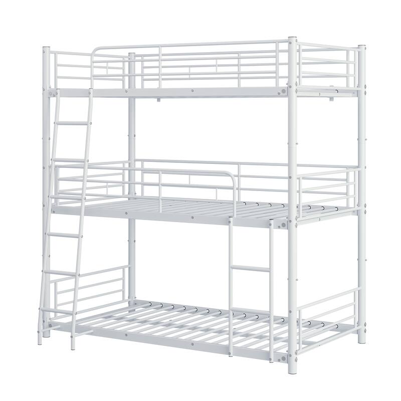 Heavy Duty Metal Triple Twin Bunk Bed with Guardrails, Ladder & Storage, Easy to Assemble