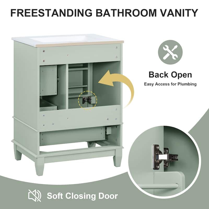 24" Green Bathroom Vanity with Ceramic Sink, Freestanding Cabinet with 3 Drawers and Side Storage Shelves