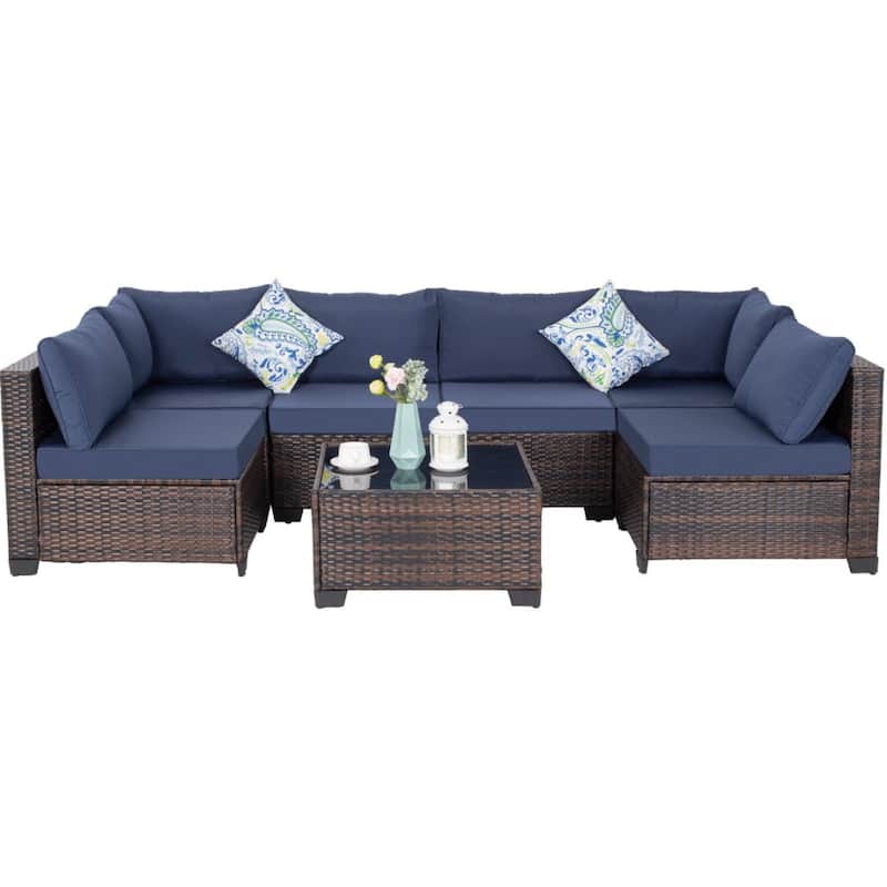 7-Piece Wicker Patio Conversation Set with Cushions,6 Sofas, 1 Table - Blue
