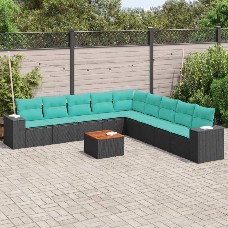 vidaXL 10 Piece Patio Sofa Set with Cushions Black Poly Rattan - 24.4 x 24.4 x 27.2