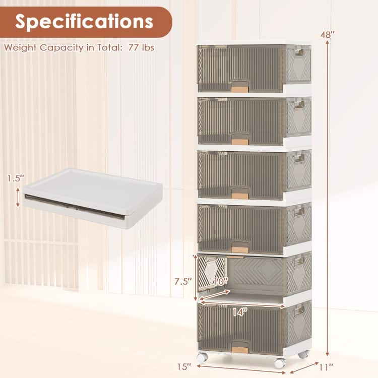 White-Brown PP and ABS Stackable Storage Bin with Wheels, Foldable Cubes