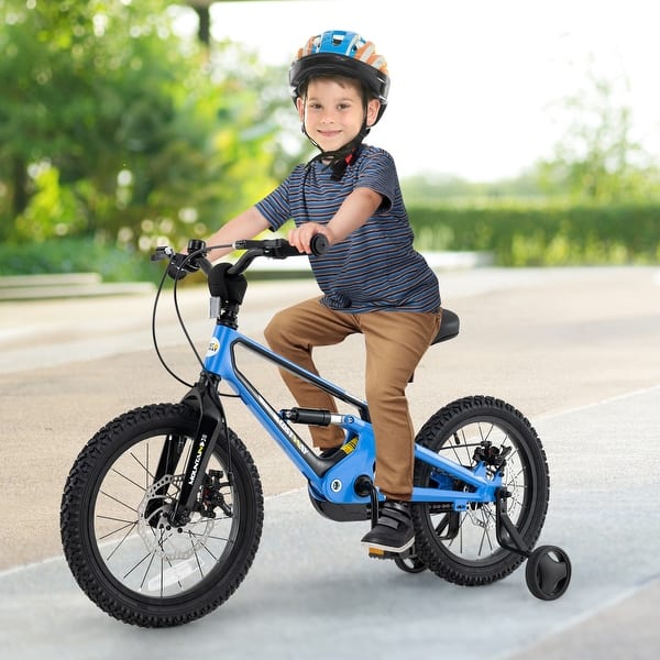 slide 2 of 8, 16 Inch Kids Bike with Adjustable Height and Shock Absorber Perfect for Beginners - 45" x 21" x 25.5-28" (L x W x H) Blue