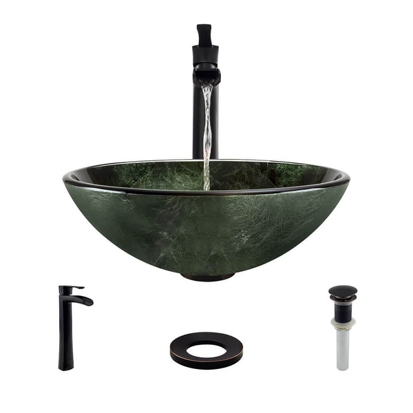 Rene R5-5027-R9-7007 16-1/2" Glass Vessel Bathroom Sink with Vessel Faucet, Sink Ring, and Vessel Pop-Up Drain