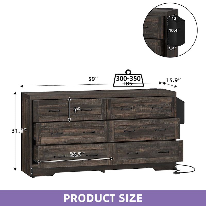 Vintage 6 Drawers Double Dresser Chest of Drawers with Charging Station