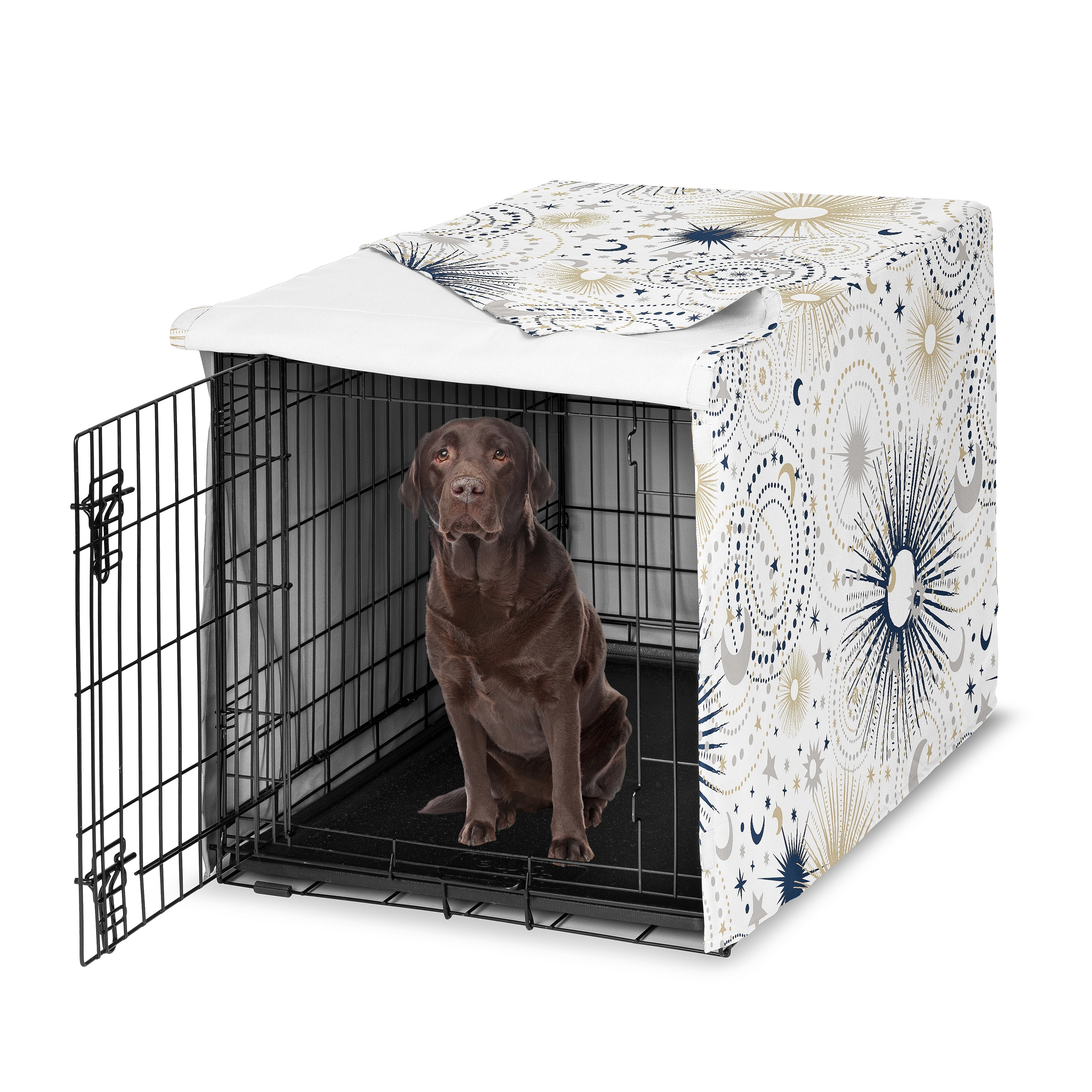 Sweet Jojo Designs Navy Blue Star and Moon Dog Crate Kennel Cover 42in. Gold Grey Celestial Sky Stars Gray Shabby Chic