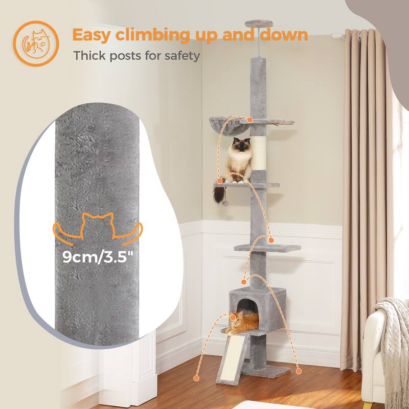 Adjustable Height Floor to Ceiling 5-Tier Tall Cat Tree Tower for Indoor Cats with Cat Condo, Cat Scratching Post and Cat Ladder