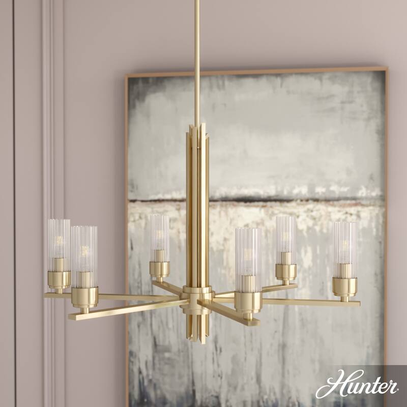 Hunter Gatz Ribbed Glass Chandelier - Dining Room, Kitchen Island, Entry - Glam, Contemporary, Transitional - 28" 6 Light - Alturas Gold