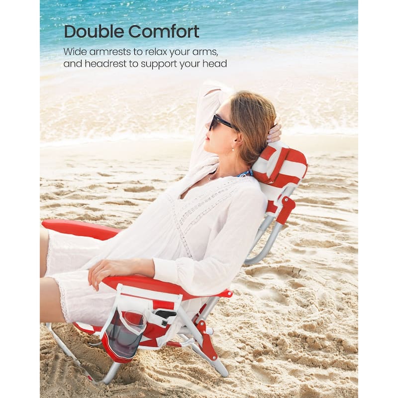 Folding Beach Chair with 4-Position Adjustable Backrest and Portable Low Seat Mesh Storage Pockets - 26.8"D x 24.8"W x 29.5"H