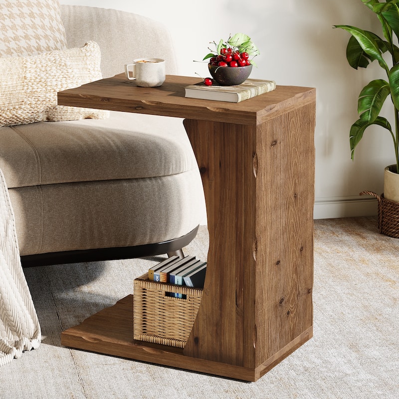 C-shaped End Table for Living Room, Solid Wood Side Table for Couch - 13.78" D x 19.69" W x 23.62" H - Rustic Brown-1 PC