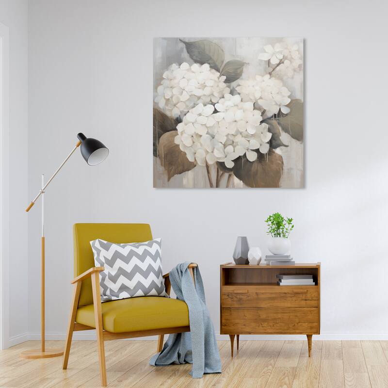 Wynwood Studio Canvas Floral and Botanical Hydrangeas in the rain White and Light Gray French Country Wall Art Canvas Print - 30 x 30