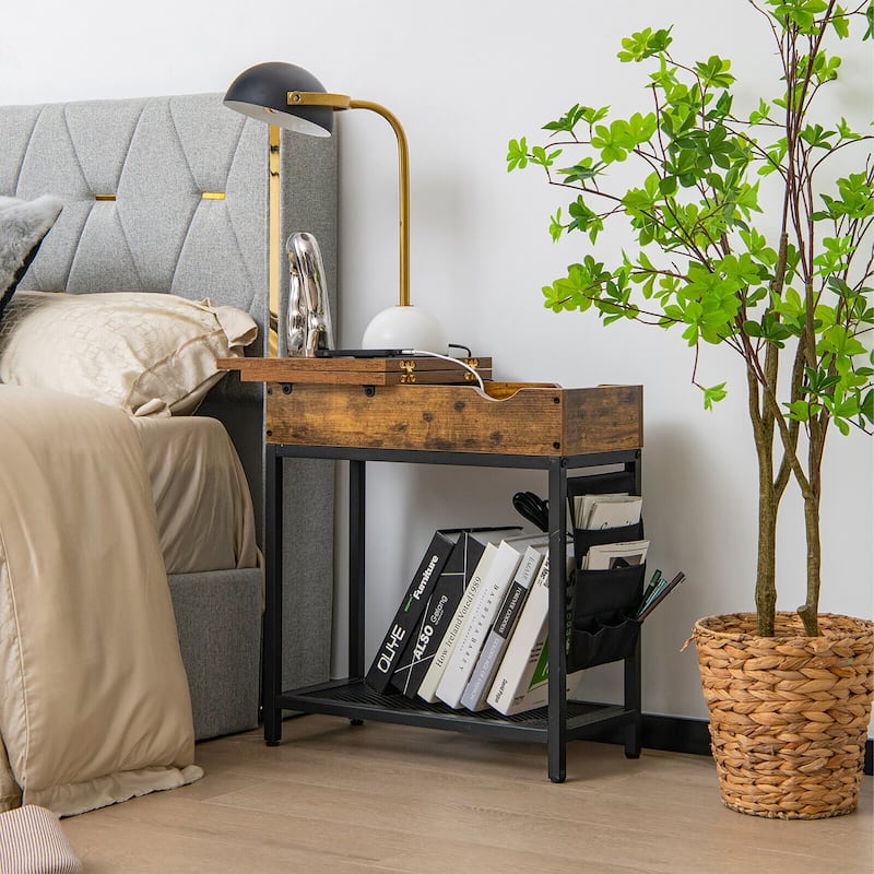 Gymax 2PCS End Table Charging Station Industrial Nightstand Flip Top