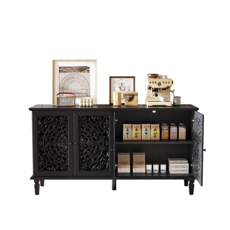 60" Antique Buffet Sideboard with Floral Carvings Solid Wood Legs and Adjustable Shelves for Versatile Storage