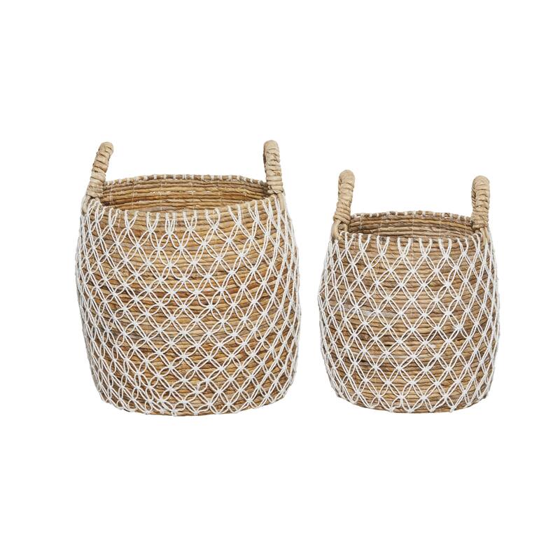 Banana Leaf Handmade String Detail Decorative and Functional Storage Basket with Handles - Set of 2 Brown - Roche River Decor