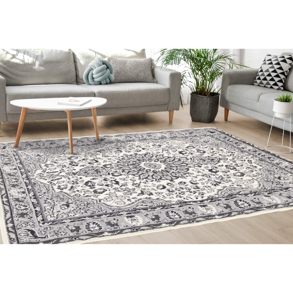 Florence Collection - Cream/Grey Traditional Border Rug - 4'7" x 6'7"
