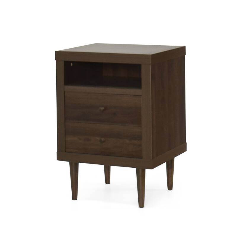 2-Drawer Nightstand with Mid-Century Design, Faux Wood Frame, and Rubberwood Legs, Storage Shelf