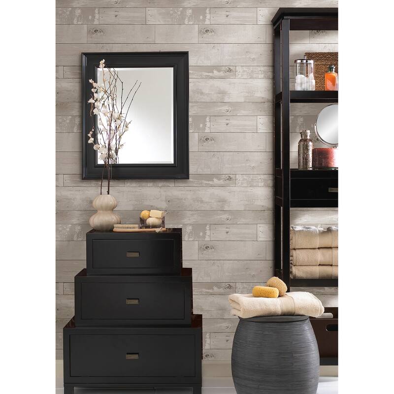 Brewster Harbored Light Grey Distressed Wood Panel Wallpaper - 20.5in x 396in x 0.025in