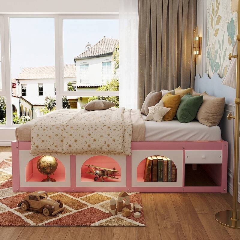 Wooden Platform Bed with Footboard Bookshelf, LED Display Cabinet and Drawer Storage by Harper&Bright Designs