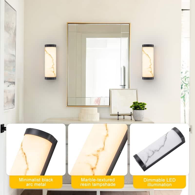 Black LED Wall Sconce Semi-Cylinder White Faux Alabaster Resin Shade