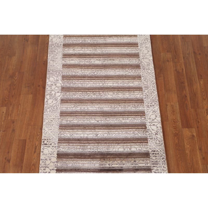 Striped Abstract Accent Rug Handmade Beige Wool Carpet - 2'8"x 4'8"