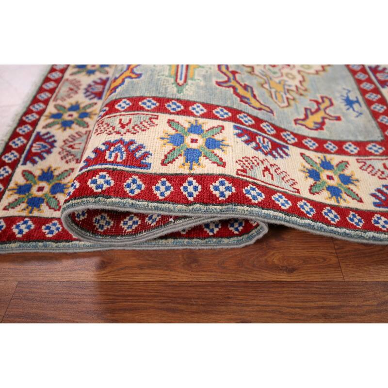 Geometric Kazak Foyer Rug Hand-Knotted Blue Wool Carpet - 3'4" x 4'9"