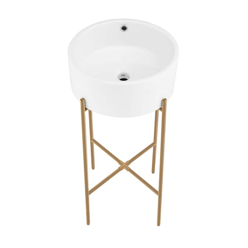 Monaco 16.5" Round Console Sink, White Basin Brushed Gold Legs - 16.14" x 16.14" x 6.5"