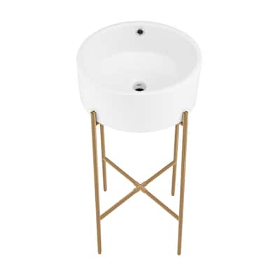 Trocadero 16.5" Round Console Sink, White Basin Brushed Gold Legs - 16.14" x 16.14" 6.5"
