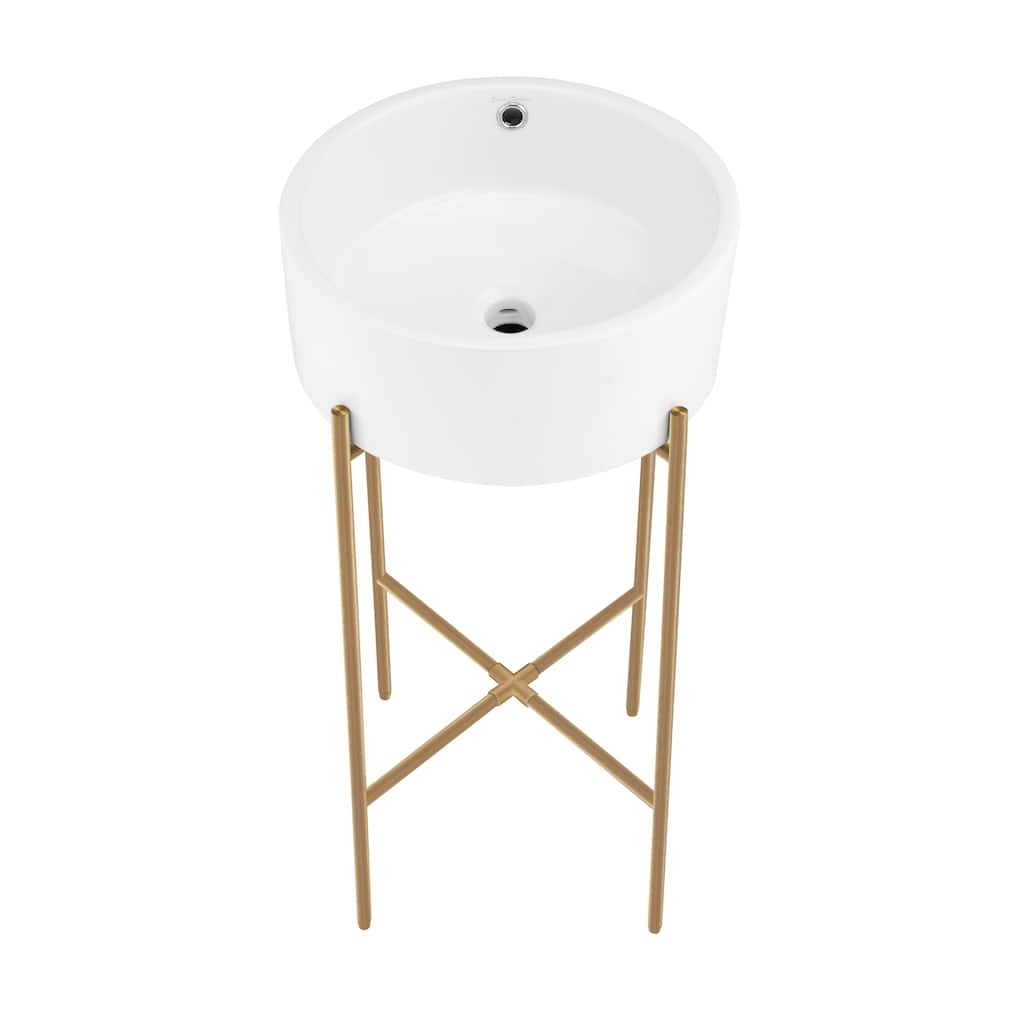 Trocadero 16.5" Round Console Sink, White Basin Brushed Gold Legs - 16.14" x 16.14" 6.5"