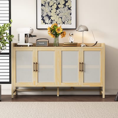 4 Doors Rattan Accent Storage Cabinet Buffet Cabinet, Solid Pine Legs