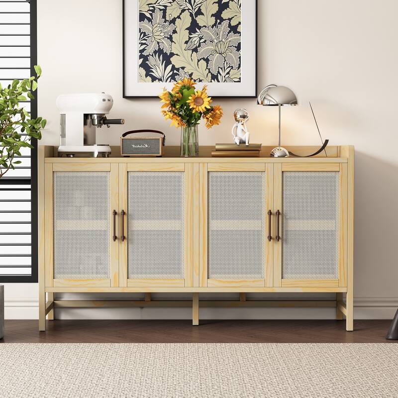 Boho Buffet Sideboard Storage Cabinet with Rattan Decorated Doors, Rattan Accent Cabinet Console Table for Dining Living Room
