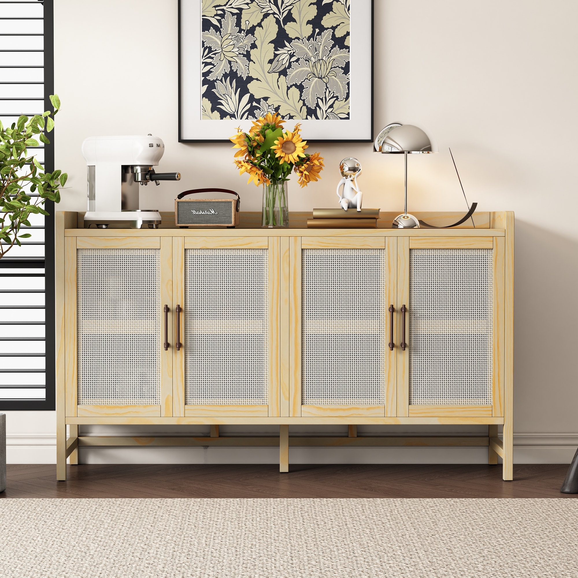 Rustic Decorative Rattan Doors Sideboard with Adjustable Shelves for Entryway