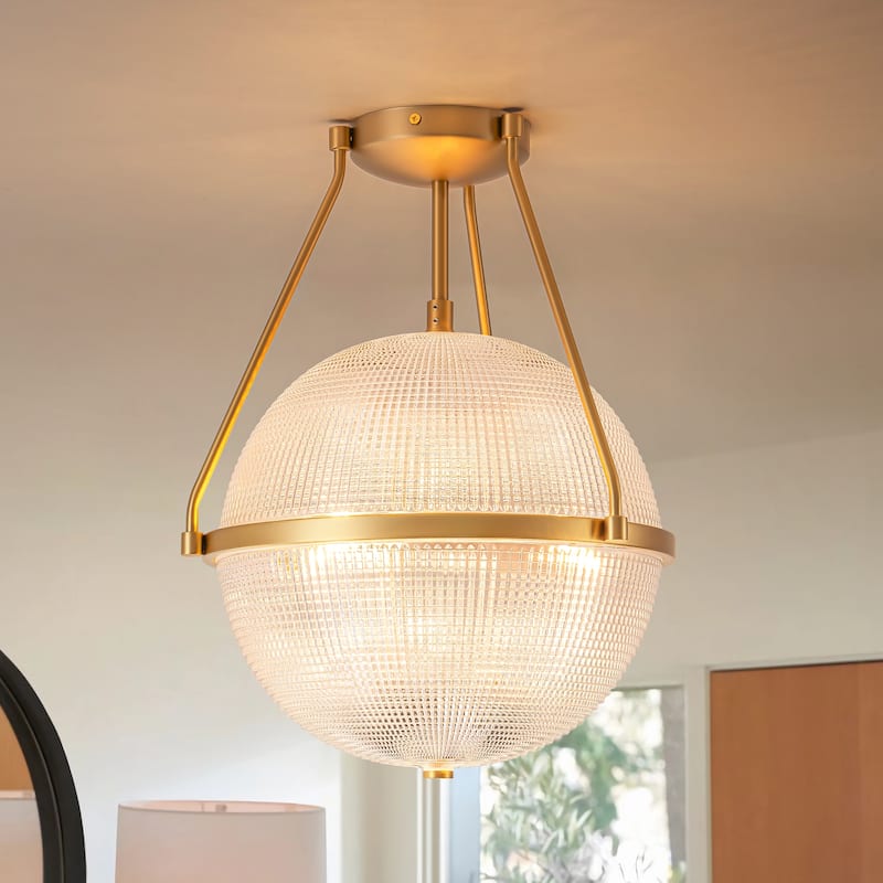 3-Light Mid-Century Modern Grid Textured Glass Globe Bubble Semi-Flush Mount Light for Dining Room - 13.7 in. W x 17.1 in. H - Gold