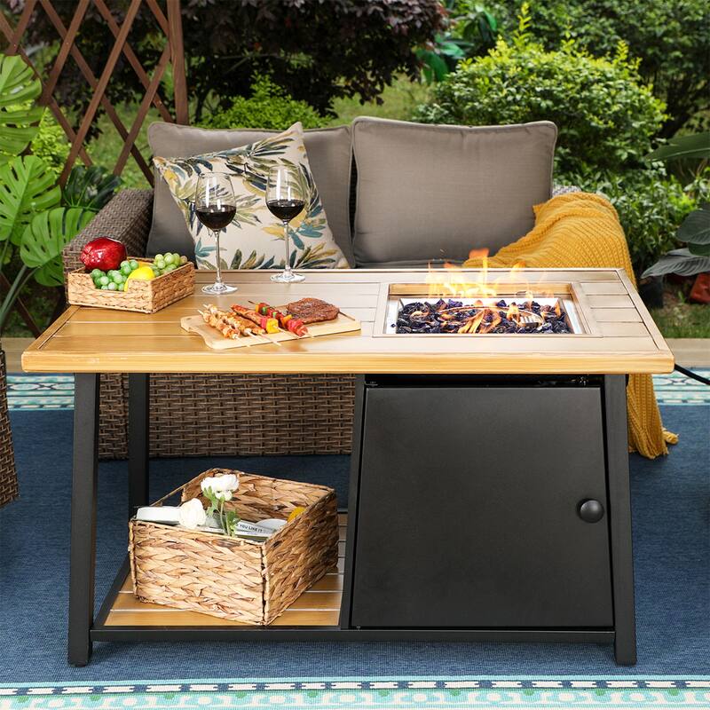 9-Pieces Rattan Sectional Sofa Set with Coffee Table and Gas Fire Pit Table