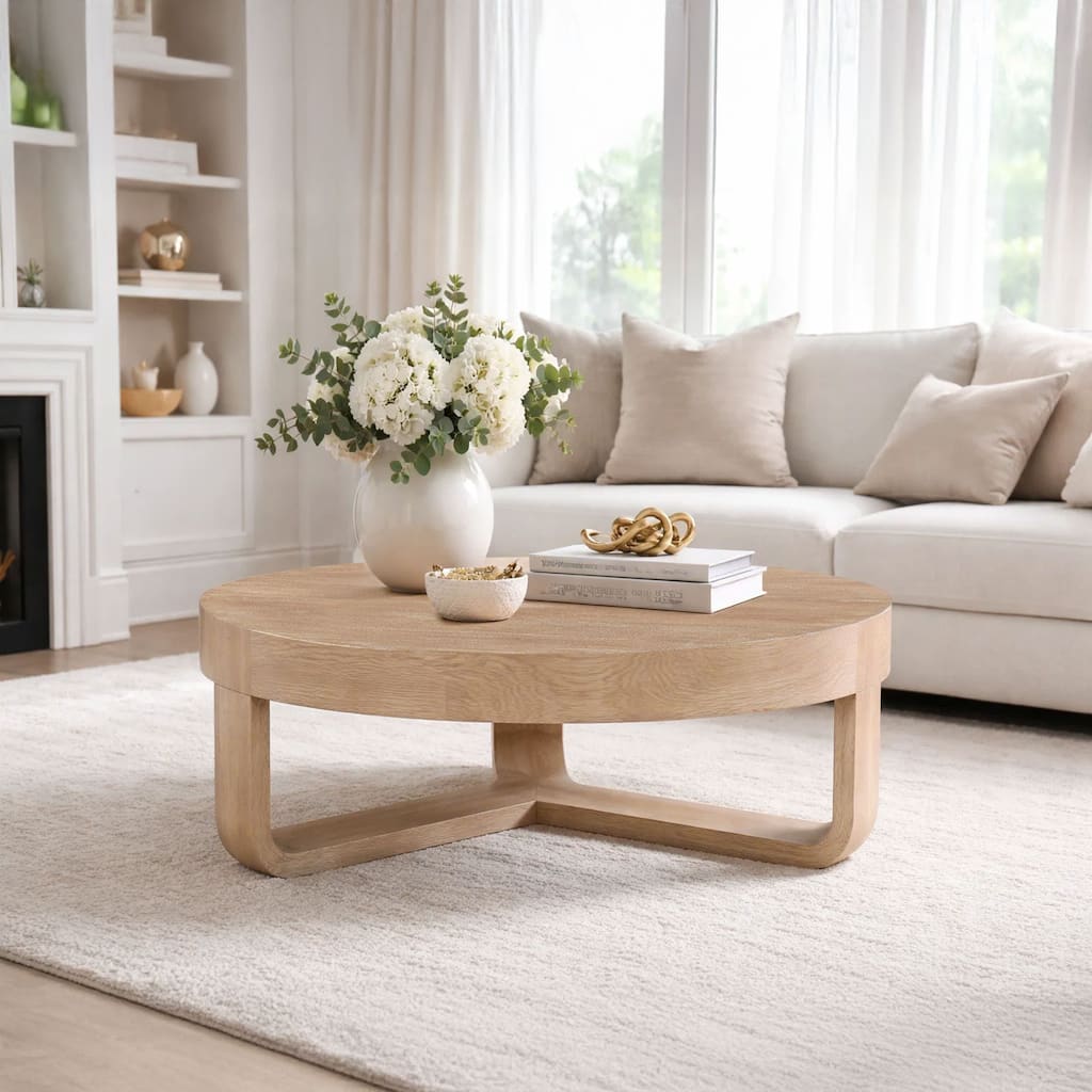 Milan Coffee Table, 32 Inch Round Top, Mango Wood with Sandblasted Natural Brown, Open Sled Base