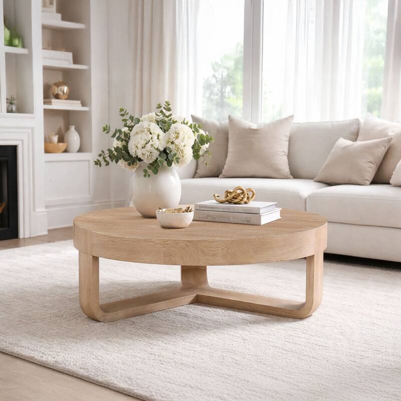 Milan Coffee Table, 32 Inch Round Top, Mango Wood with Sandblasted Natural Brown, Open Sled Base - Natural Brown