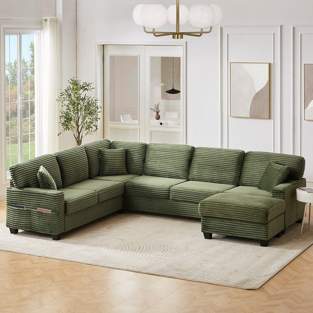 Corduroy U-Shaped Sectional Sofa 125.2" Upholstered Sofa with Movable Footstool and Side Storage Pockets, Pillow