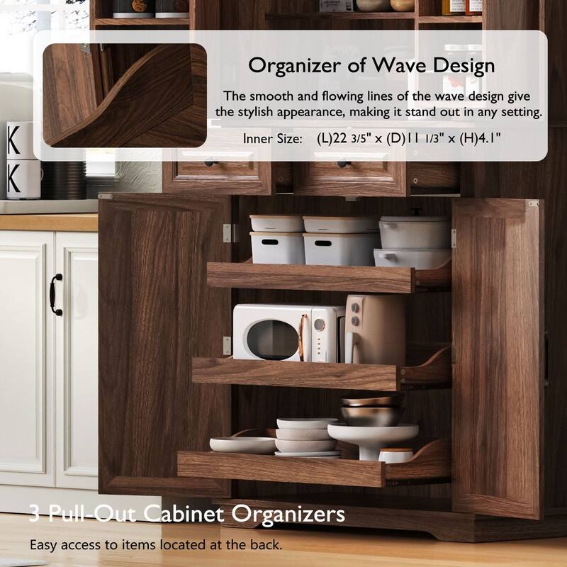 Freestanding 71" Tall Kitchen Pantry Cabinet with Pull-Out Organizers and Unique Embossed Texture for Organized Storage