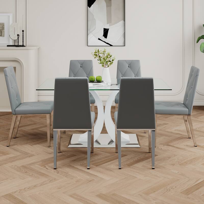 Modern Style Glass Table,Durable Support Base,Dining Chair Set For Restaurant Kitchens(Set of 7)