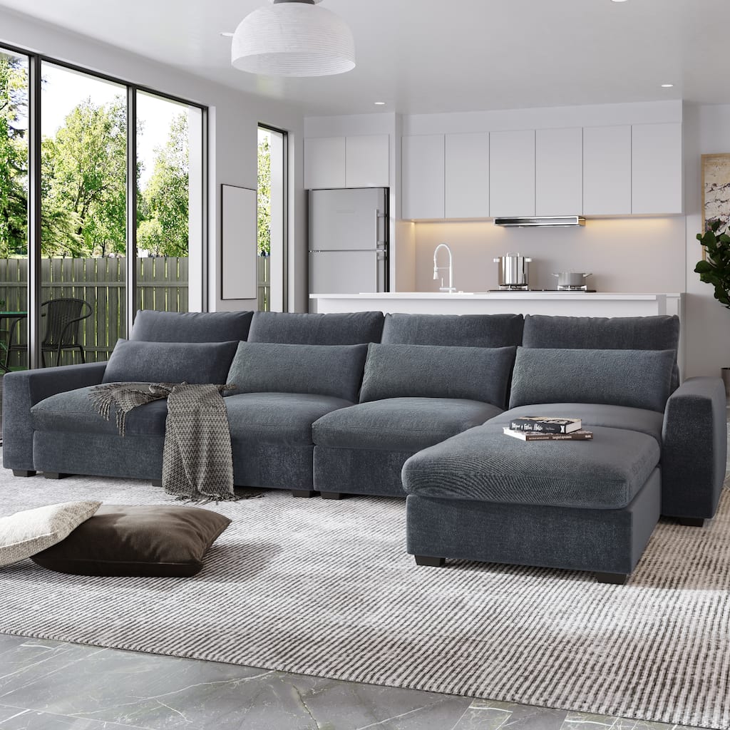 Large L-Shape Feather Filled Sectional Sofa,Convertible Sofa Couch with Reversible Chaise for Living Room